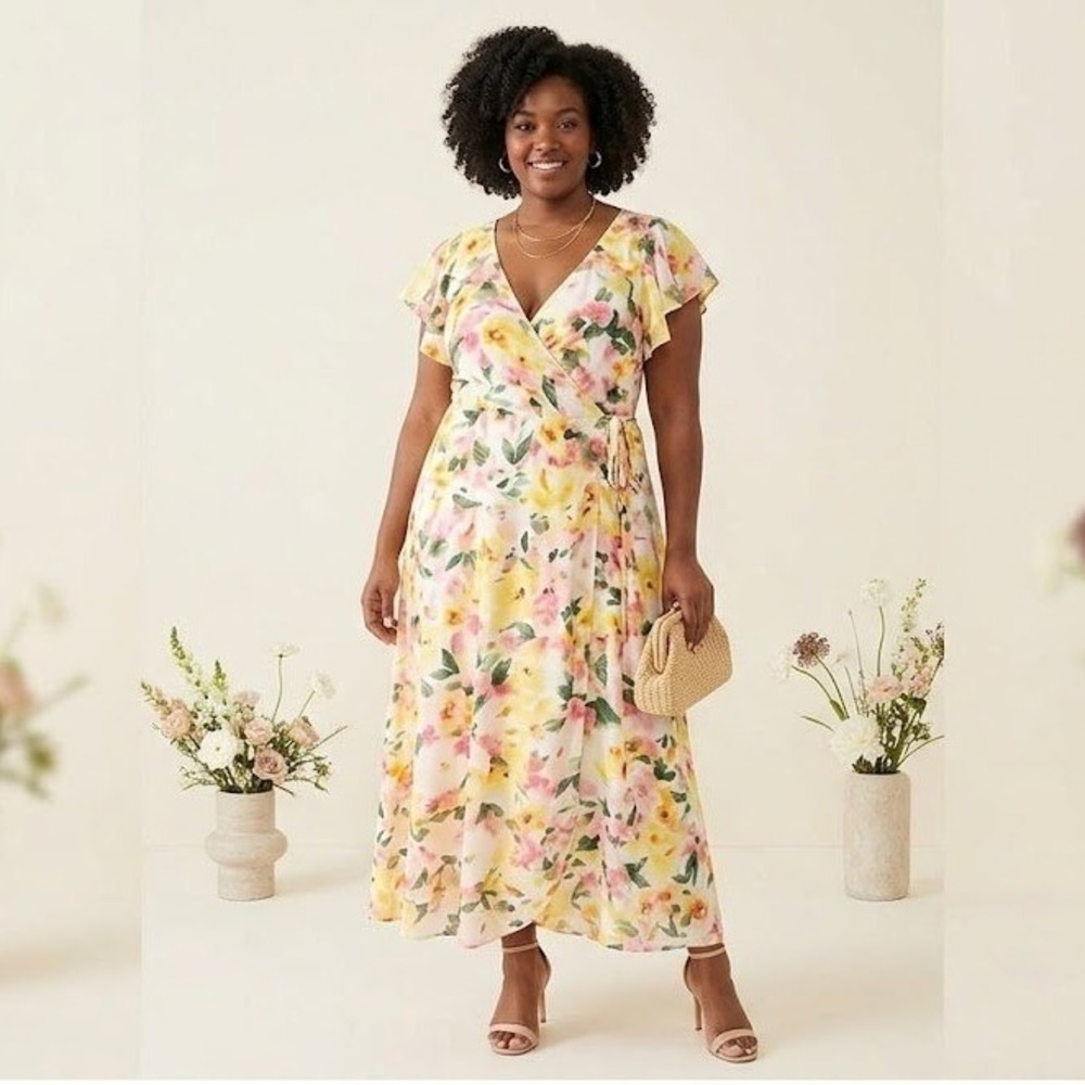 Maurices Floral Wrap Midi Dress  2X Yellow Pink Cool Crepe NWT Flutter Sleeve